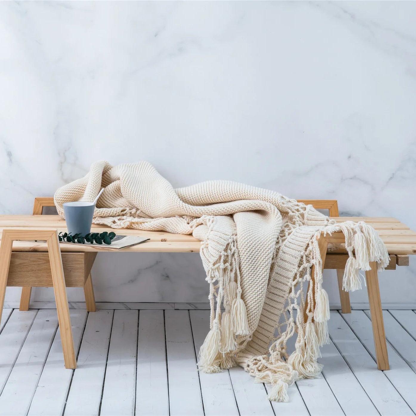 Tassel Hollow-Out Chunky Knit Throw Blanket - Timeless Home