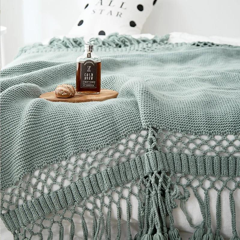 Tassel Hollow-Out Chunky Knit Throw Blanket - Timeless Home