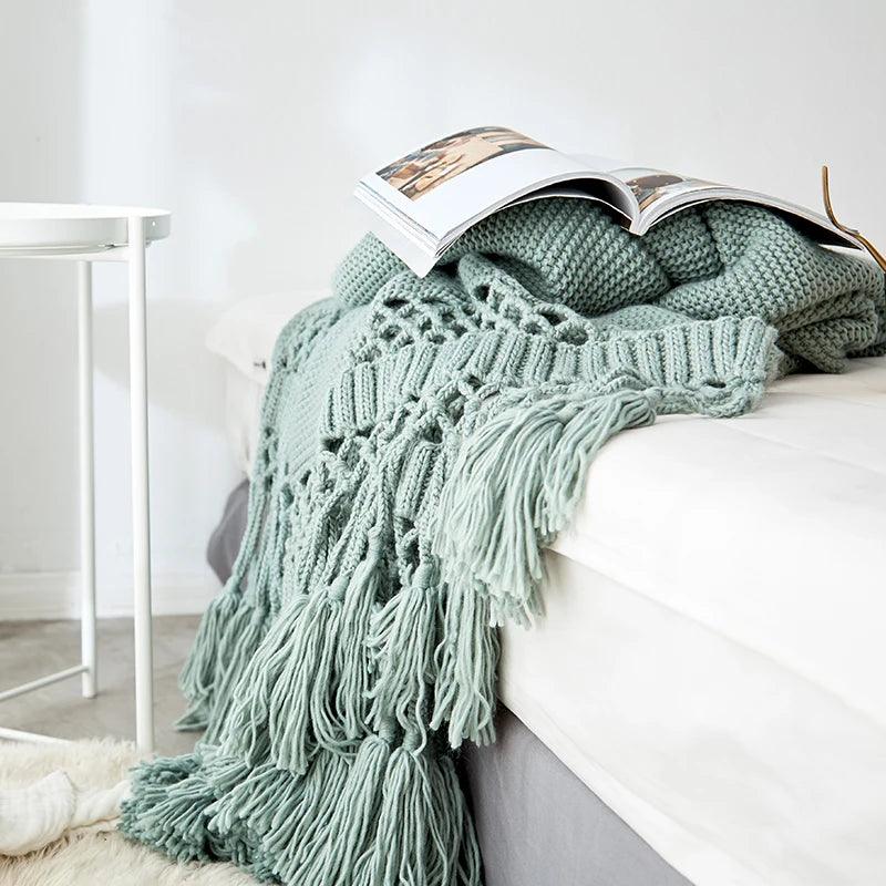 Tassel Hollow-Out Chunky Knit Throw Blanket - Timeless Home