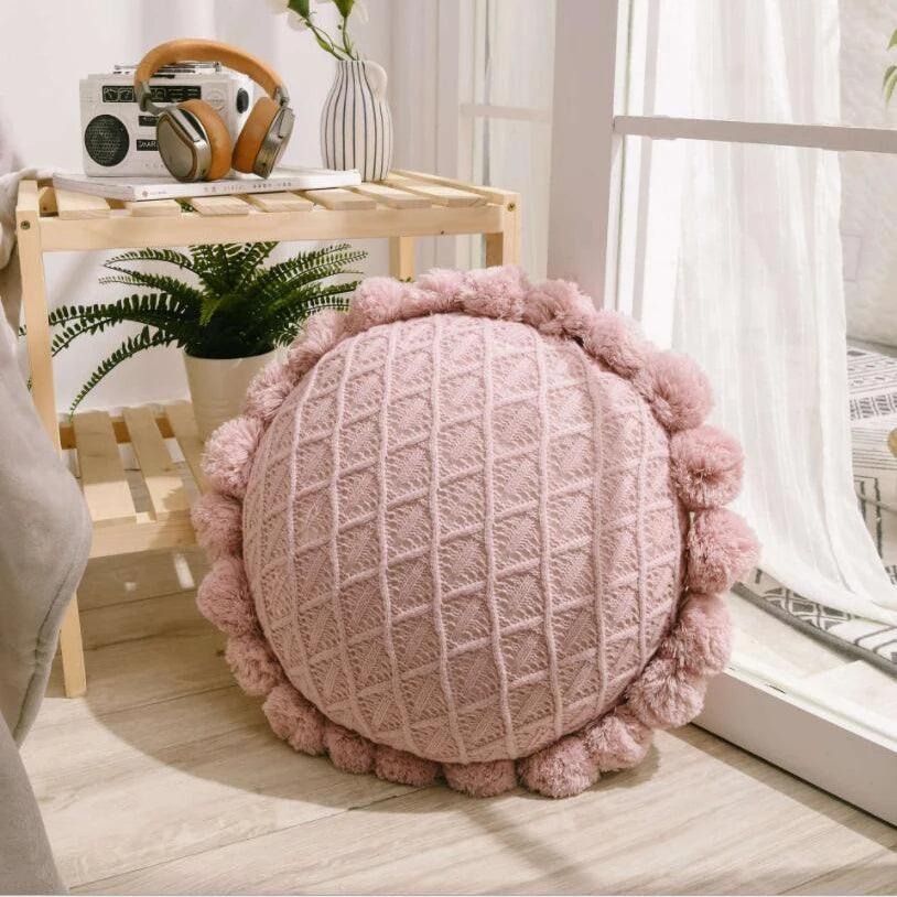 Round Cushion with Pom Poms and Tassels - Timeless Home