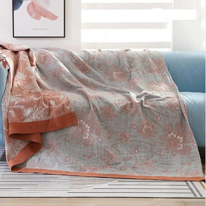 Cotton Gauze Throw Blanket: 5-Layer, Floral Pattern - Timeless Home