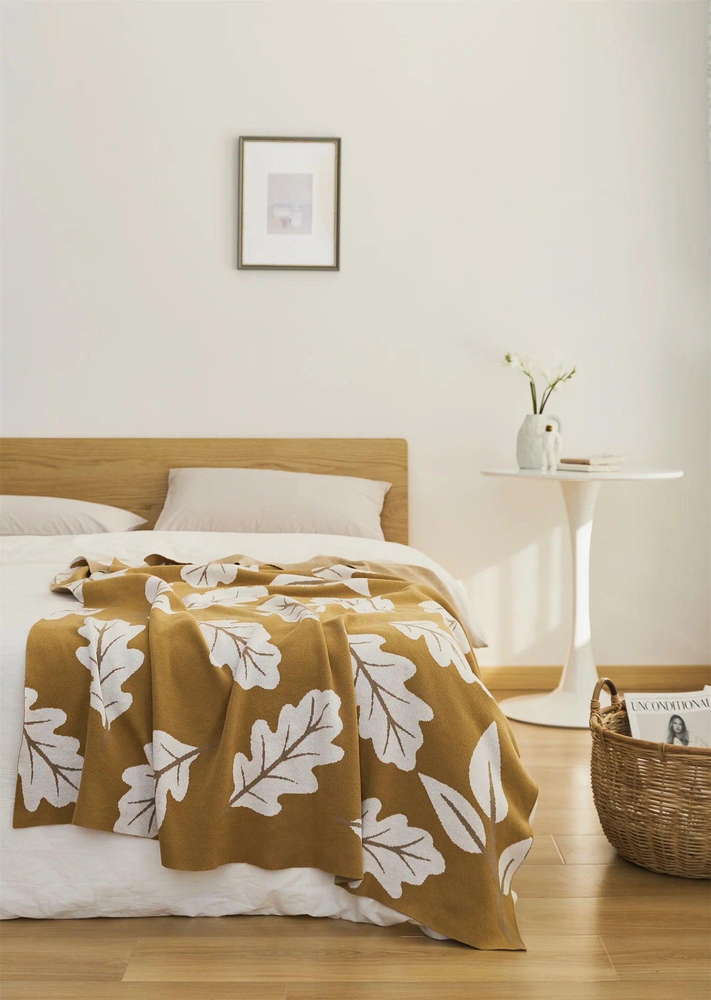 Soft Cotton Knit Blanket with Leaf Pattern - Timeless Home