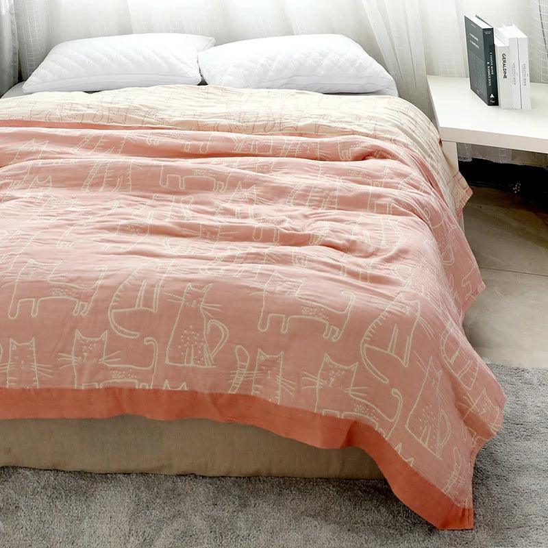 Bamboo Cotton Gauze Blanket: Cartoon Cat Design - Timeless Home