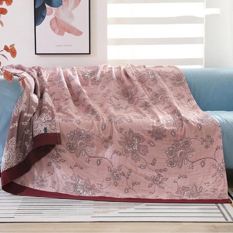 Cotton Gauze Throw Blanket: 5-Layer, Floral Pattern - Timeless Home