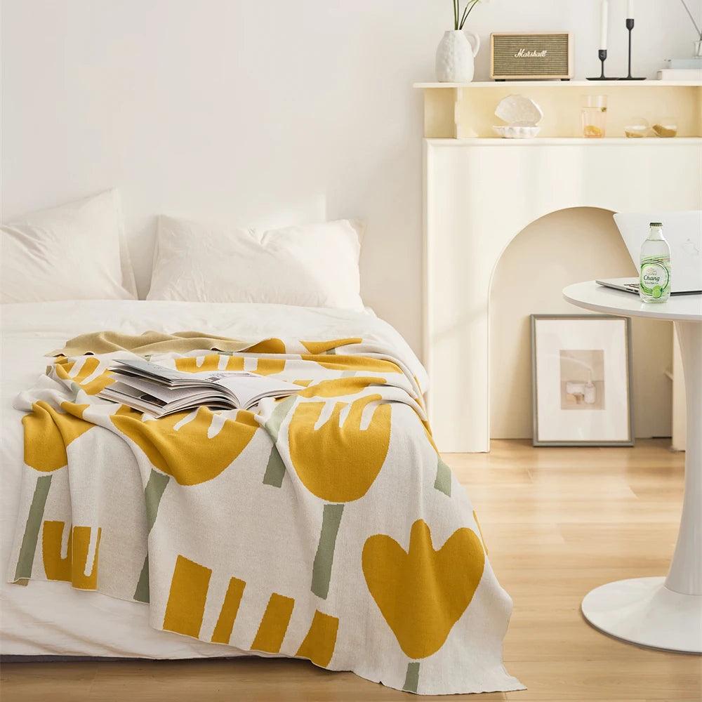 Spring Tulip Floral Cotton Knitted Blanket - Timeless Home