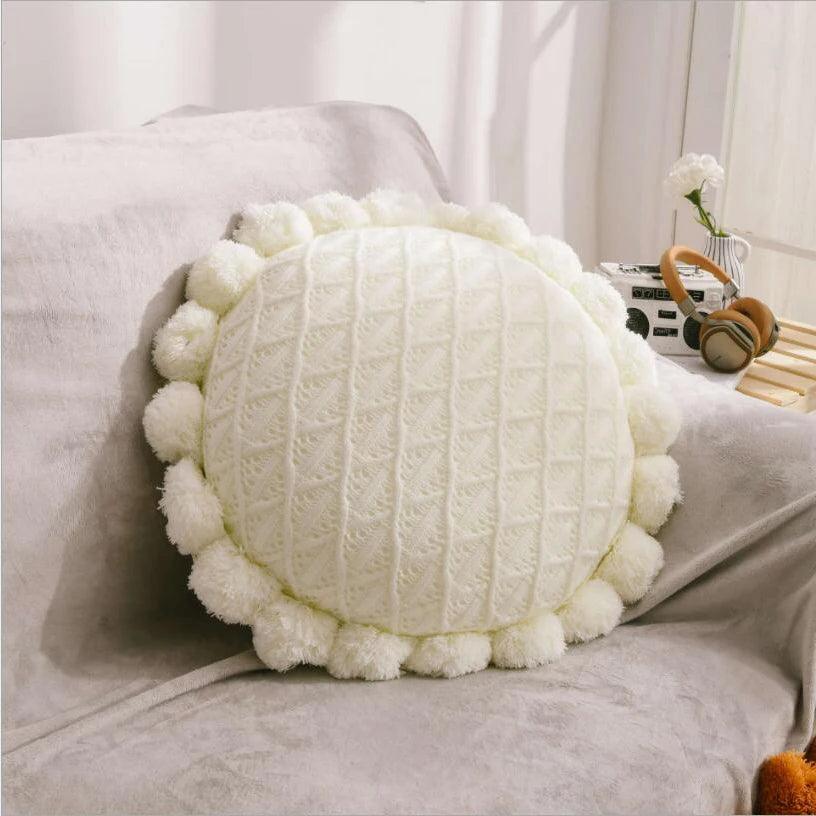 Round Cushion with Pom Poms and Tassels - Timeless Home