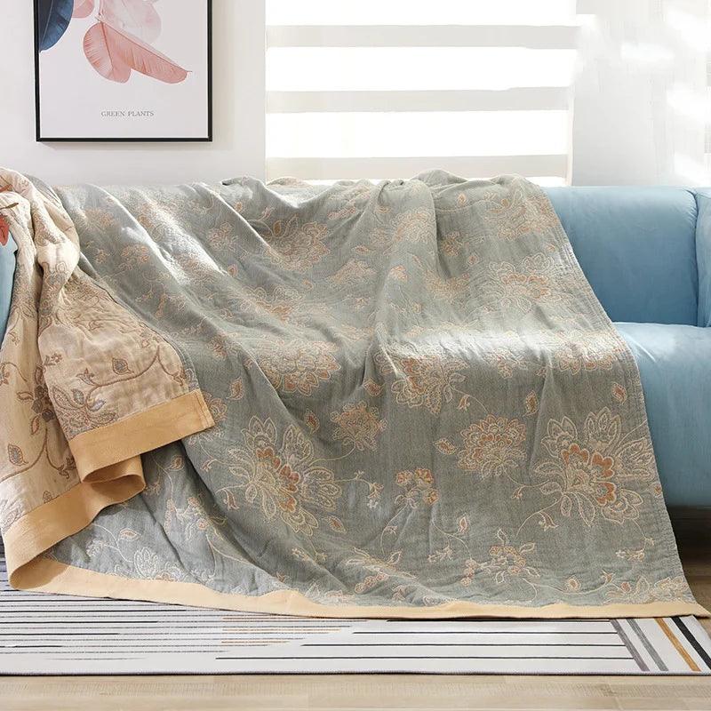 Cotton Gauze Throw Blanket: 5-Layer, Floral Pattern - Timeless Home