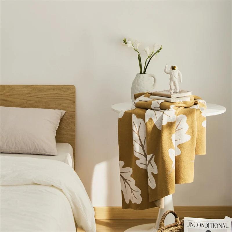 Soft Cotton Knit Blanket with Leaf Pattern - Timeless Home