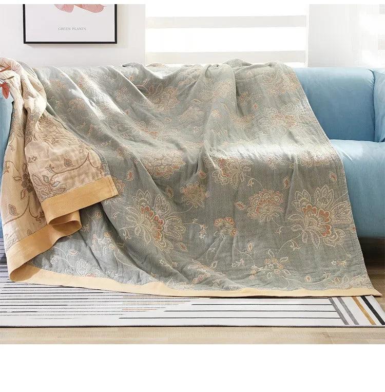 Cotton Gauze Throw Blanket: 5-Layer, Floral Pattern - Timeless Home