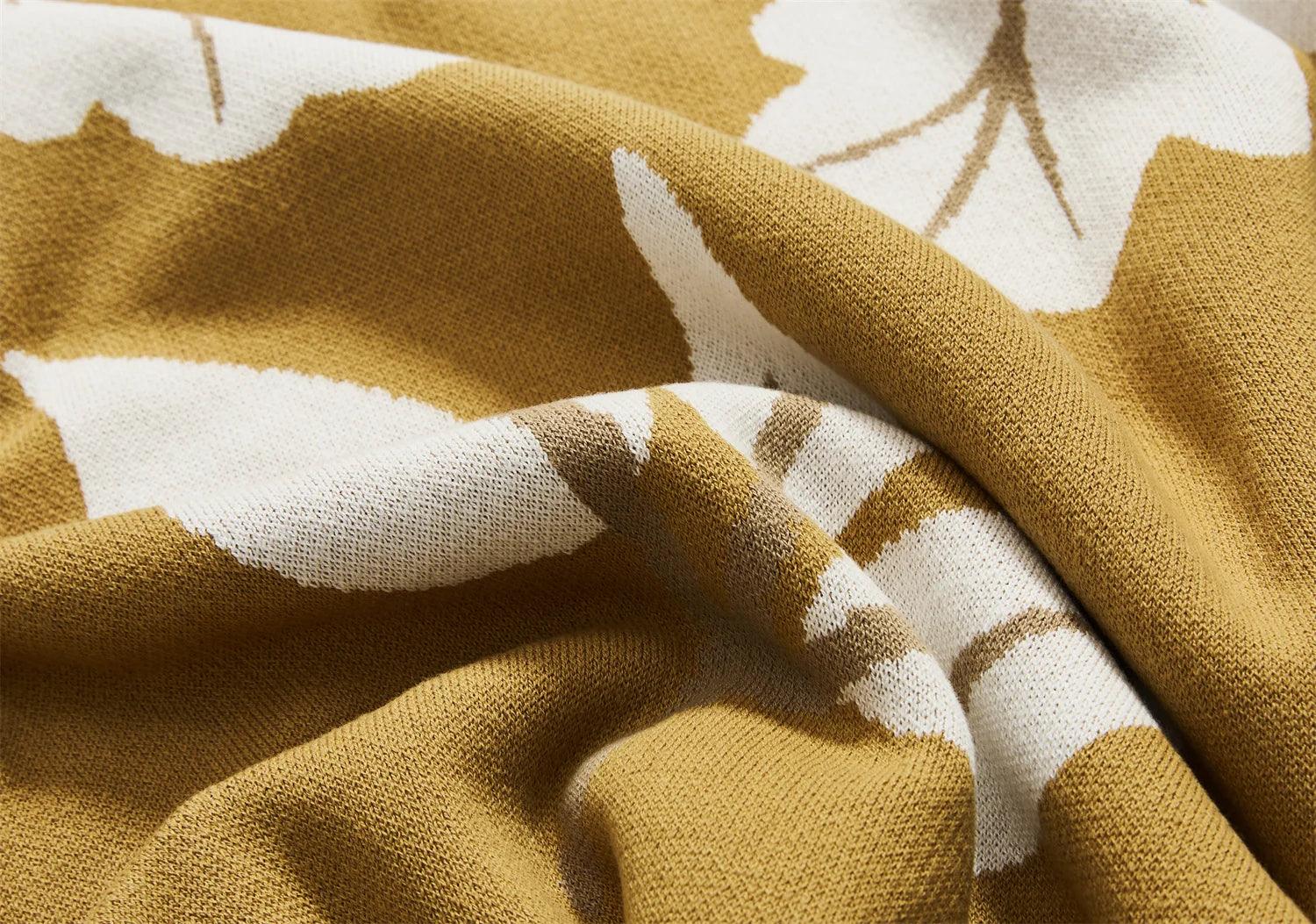 Soft Cotton Knit Blanket with Leaf Pattern - Timeless Home