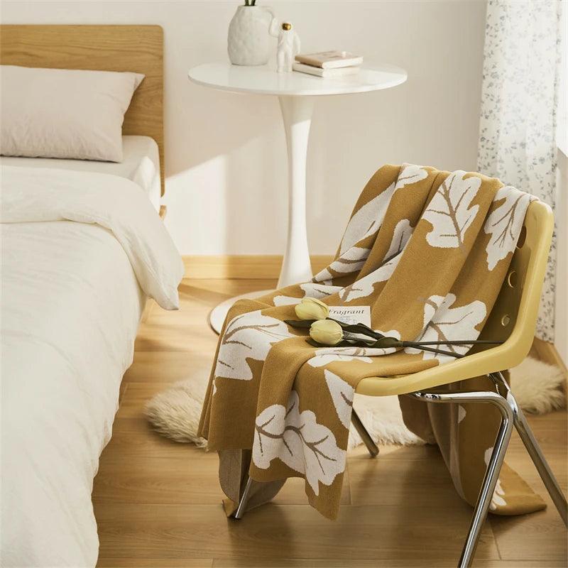 Soft Cotton Knit Blanket with Leaf Pattern - Timeless Home