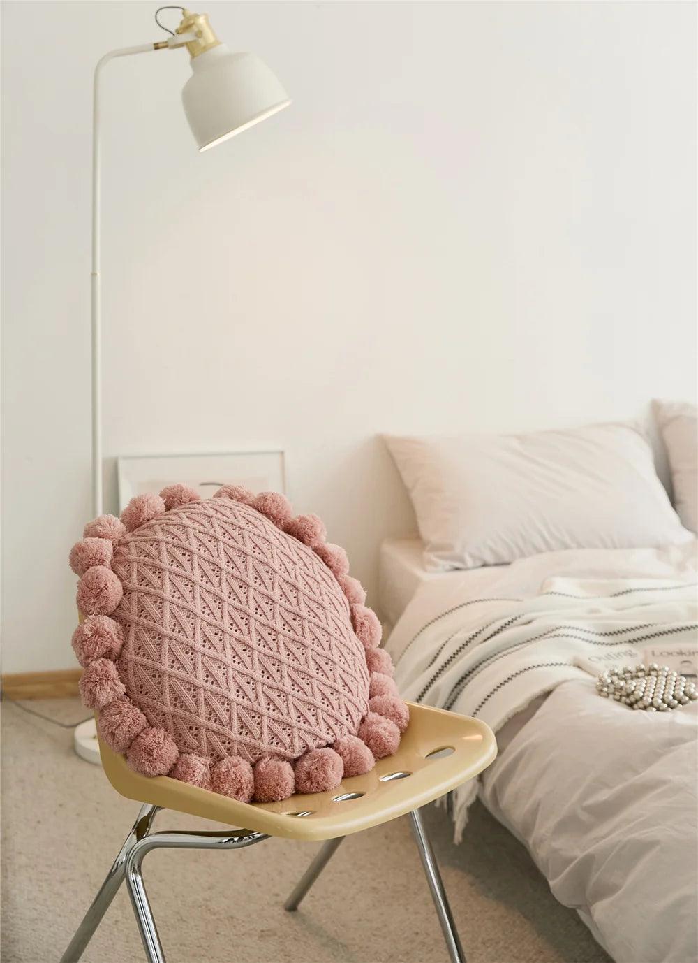 Round Cushion with Pom Poms and Tassels - Timeless Home