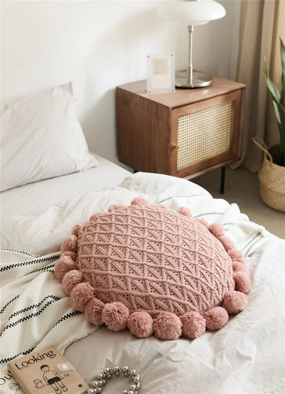 Round Cushion with Pom Poms and Tassels - Timeless Home