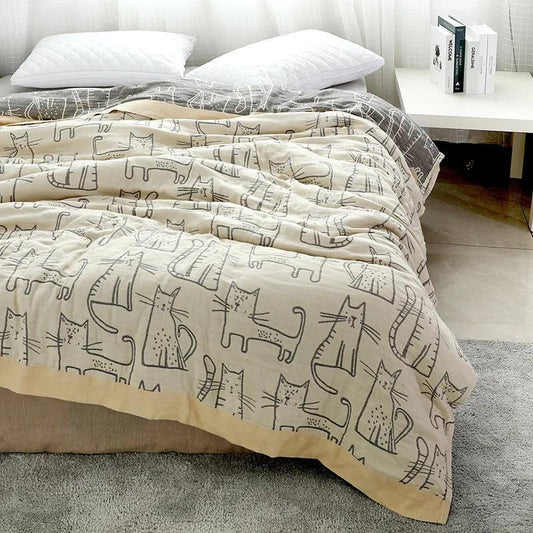 Bamboo Cotton Gauze Blanket: Cartoon Cat Design - Timeless Home