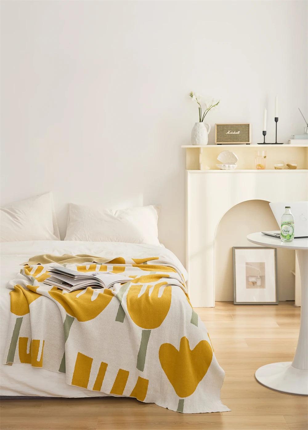 Spring Tulip Floral Cotton Knitted Blanket - Timeless Home