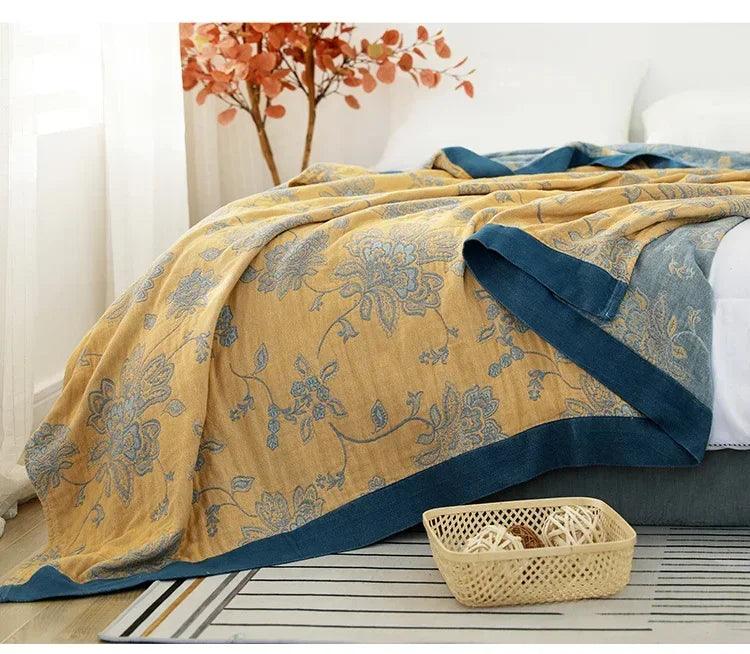 Cotton Gauze Throw Blanket: 5-Layer, Floral Pattern - Timeless Home