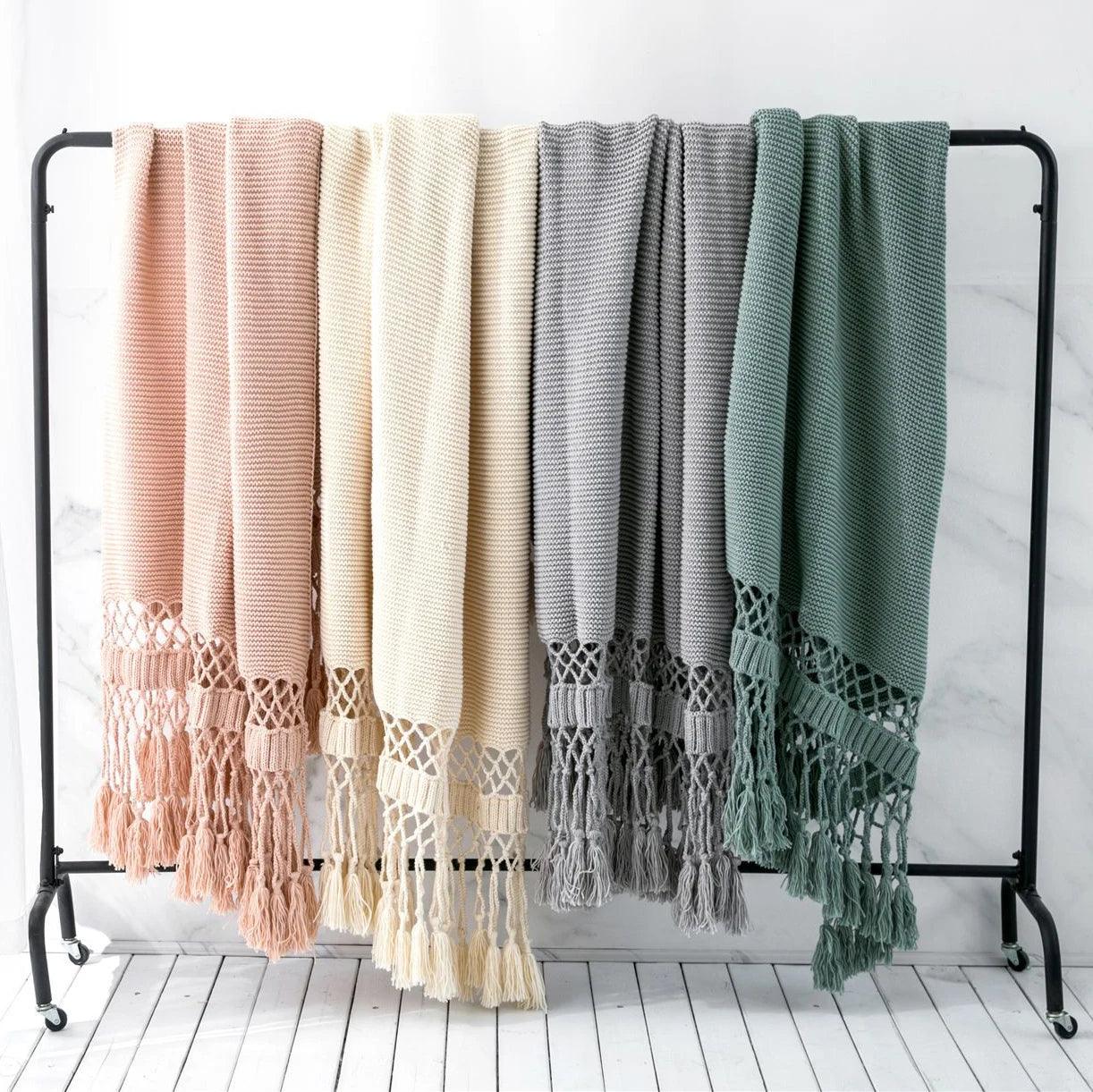 Tassel Hollow-Out Chunky Knit Throw Blanket - Timeless Home