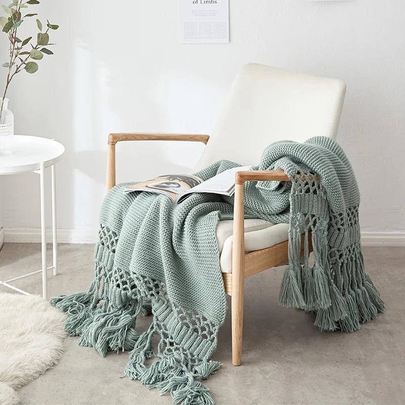 Tassel Hollow-Out Chunky Knit Throw Blanket - Timeless Home